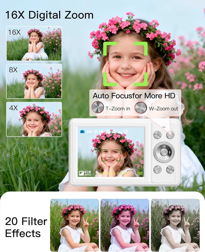 WONNIE كاميرا رقمية، كاميرا تصوير فوري FHD 1080P مع بطاقة SD سعة 32GB، 2 بطاريات، زوم 16X، مضادة للاهتزاز، تصميم صغير مدمج للأطفال والمراهقين والطلاب والفتيات والفتيان (أبيض) - Image 5